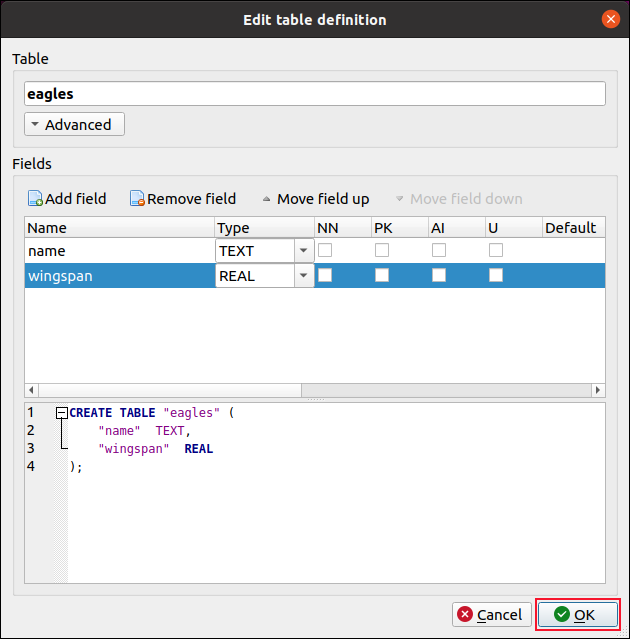 Edit Table Definition dialog with two fields added to the new table DB Browser for SQLite