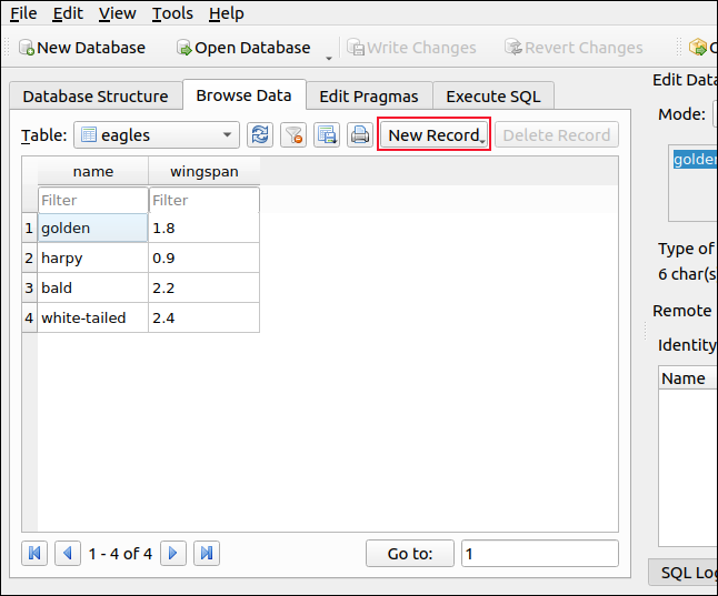 Browse Data tab with new records listed DB Browser for SQLite