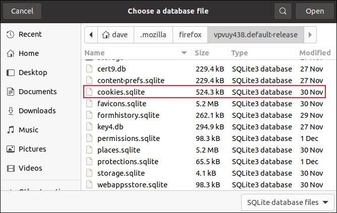 File open dialog with the coockies.sqlite file highlighted