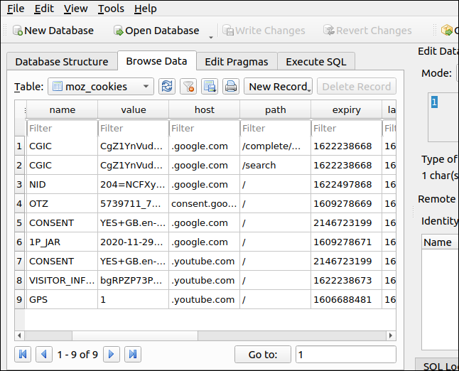 Cookie data inside the Firefox cookies.sqlite database DB Browser for SQLite