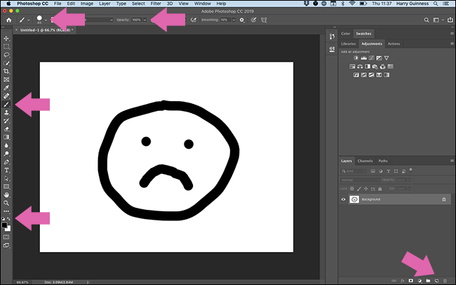 Arrows pointing out everything you have to click in the Photoshop interface just to paint a black circle. 