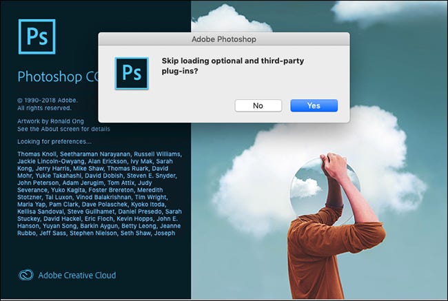 The Skip Loading Optional and Third-Party Plugins? prompt in Photoshop.