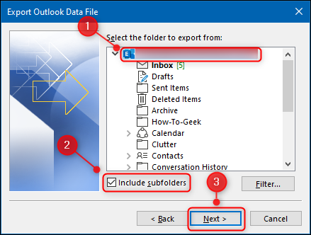 The folder choices for the data export.