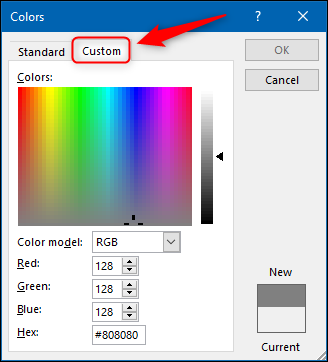 Click the Custom tab in the Colors menu.