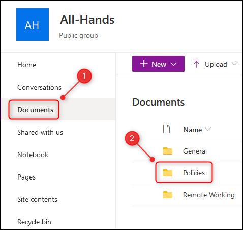 The Documents menu option and the Policies folder.