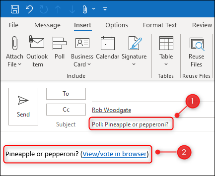 An email with a poll inserted, showing the automatic subject and the link to the poll.