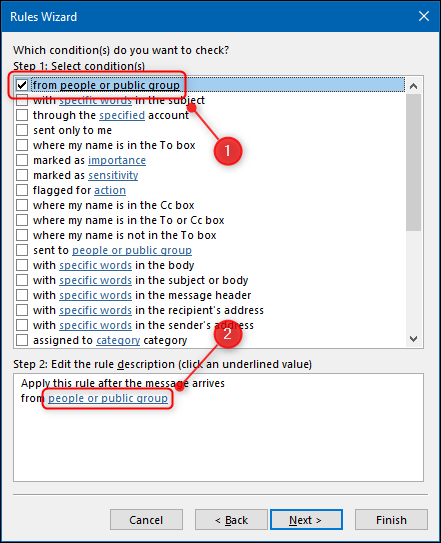 Select the From People or Public Group checkbox, and then click People or Public Group in the Rules Wizard.