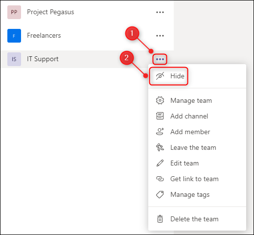 The Hide option on the Team menu.