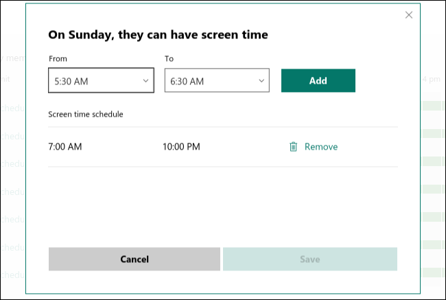Screen time schedule for Sunday in the calendar. 