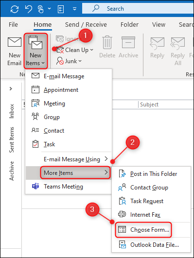 To open a template in Outlook, you have to click Home, select New Items, click More Items, and then click Choose Form..