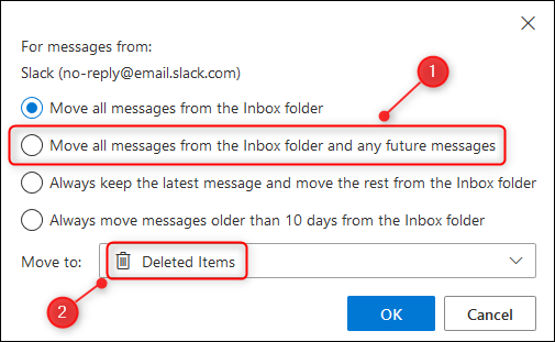 The Move all message from the folder and any future messages option.