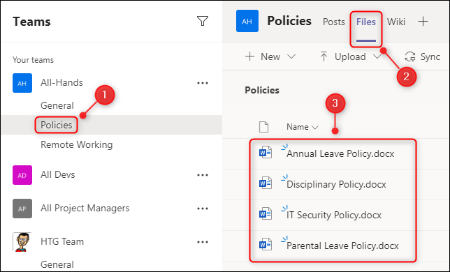The Policies channel showing the Files tab and some files.