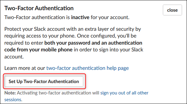 The Set Up Two-Factor Authentication button