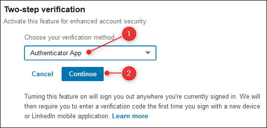 The verification method dropdown.