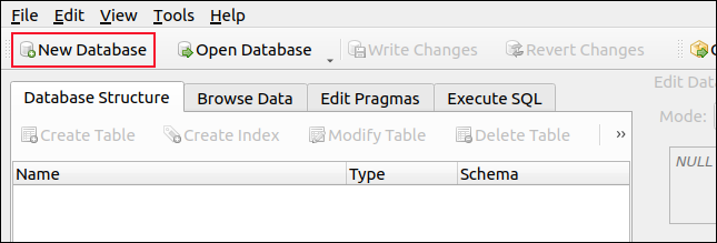 New Database on the DB Browser for SQLite toolbar