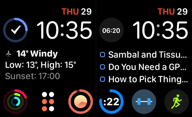 Two Infograph Modular watch faces, with one featuring workout tracking info.