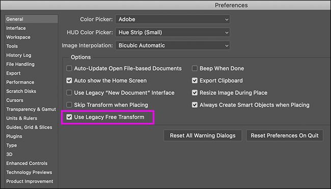 photoshop general preferences pane with legacy free transform option highlighted