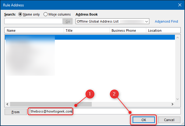 Select a contact or type an email address, and then click OK.