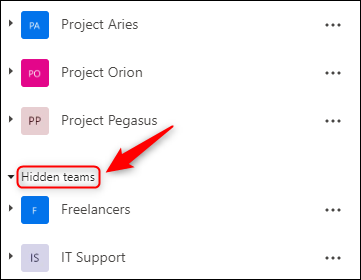The Hidden teams section of the sidebar.