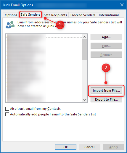 The Safe Senders tab and the Import from File button.