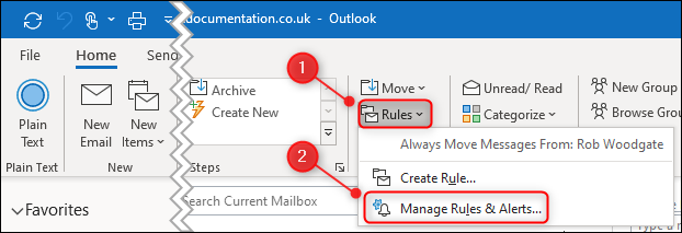 The Manage Rules & Alerts menu option.