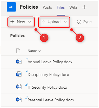 The New and Upload options in the Files tab.