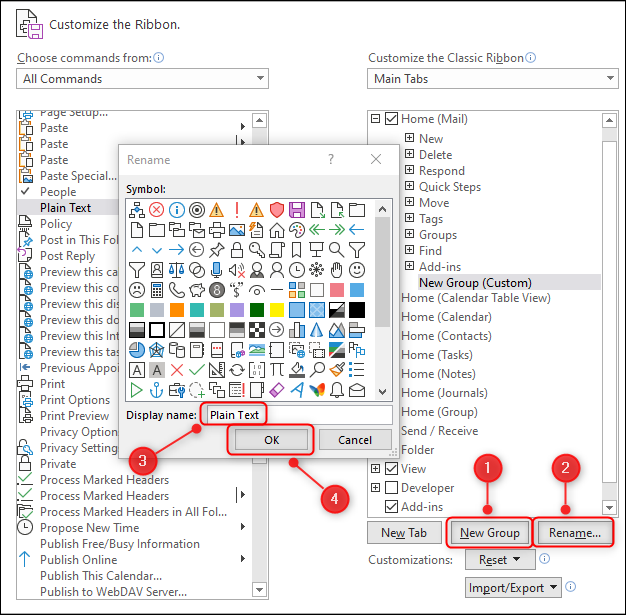 The Customize the Ribbon panel showing a new group being added.