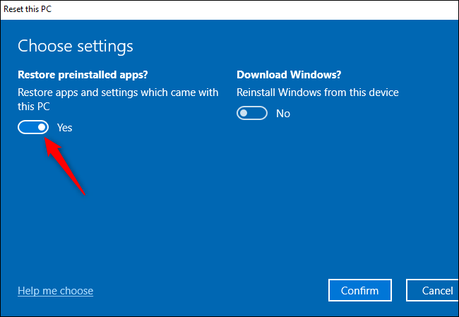 The Restore preinstalled apps? option for performing a Fresh Start on Windows 10.