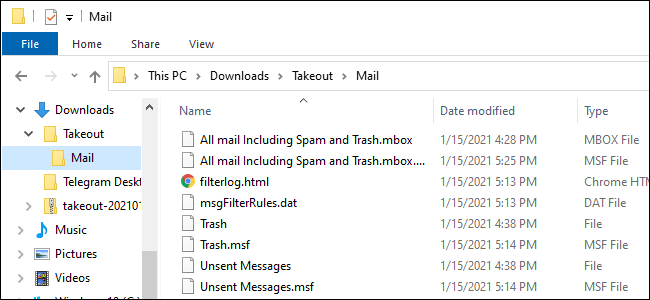 The Mail folder inside a Google Takeout archive.