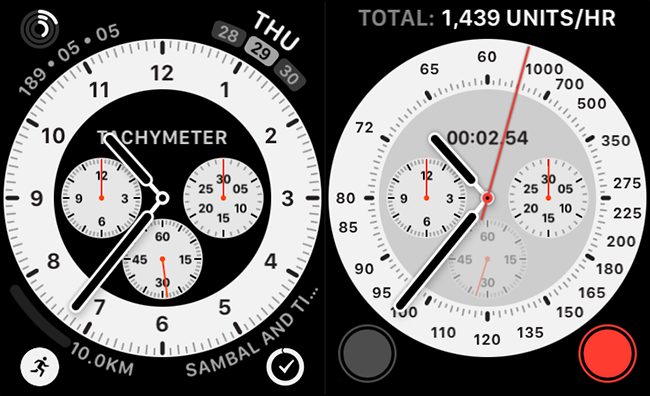 A Chronograph Pro watch face with a built in tachymeter complication.
