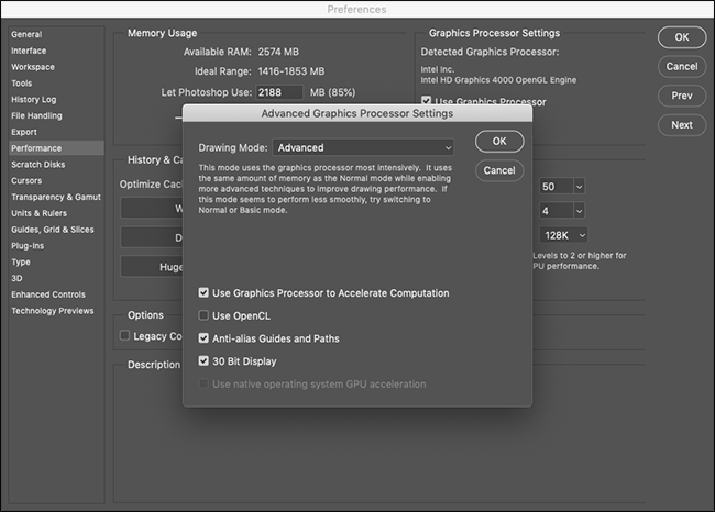 The Advanced Graphics Processor Settings menu in Photoshop.