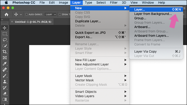 The Layer menu options and their shortcuts.