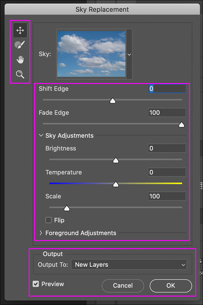 sky replacement tools controls