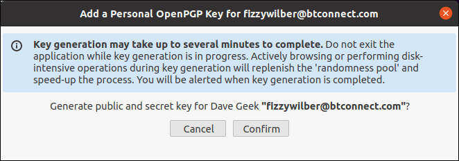 Key generation confirmation dialog box