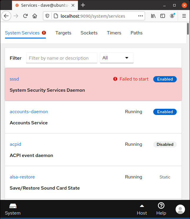 SSSD daemon failure highlighted in Cockpit in a browser window