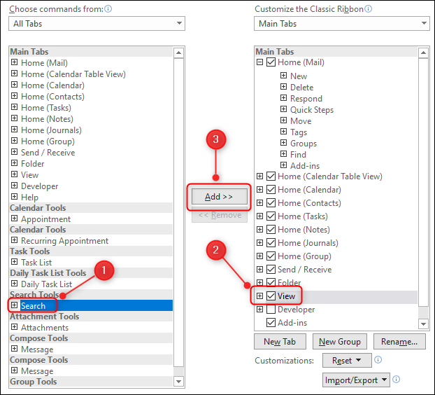 Click Search, click the tab you want it to appear next to, and then click Add.