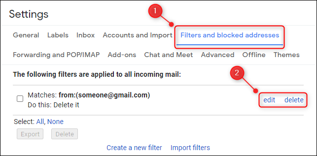 The Filters and blocked addresses tab, and the Edit and Delete buttons.