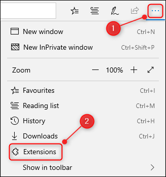 The 3 dots and browser menu in Edge, with the Extensions option highlighted.