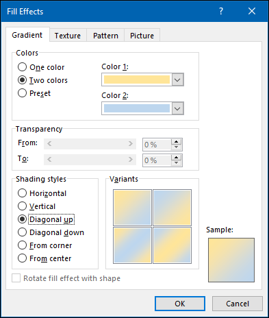 The Gradient options in the Fill Effects menu.