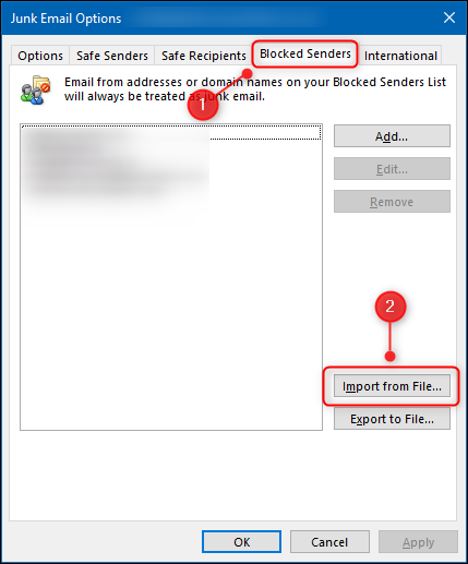 The Blocked Senders tab and the Import from File button.