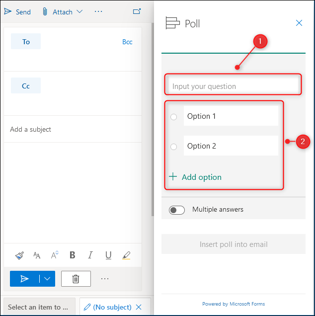 The Poll panel where a question and answers can be added.