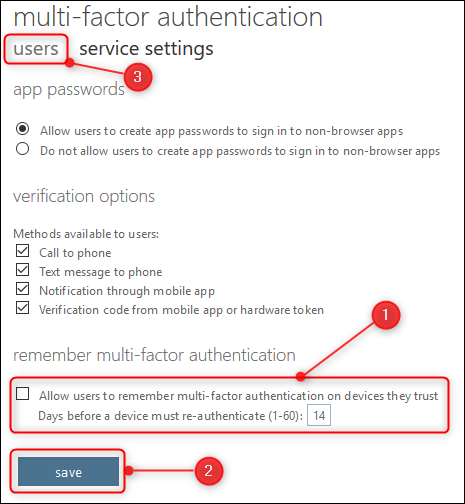 The service settings options and the users tab