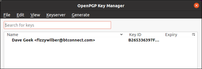 New key entry in the OpenPGP Key Manager