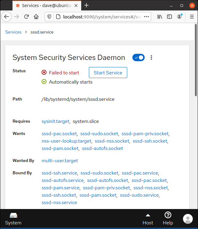 SSSD control page in Cockpit in a browser window