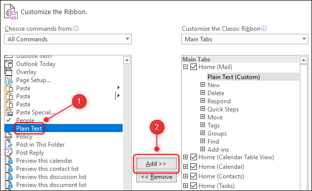 The Plain Text command being added to the new group.