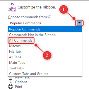 Change the Popular Commands dropdown to All Commands.