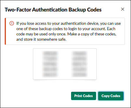 A panel showing back up MFA codes.