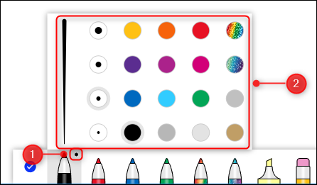 The width and color options for pens.