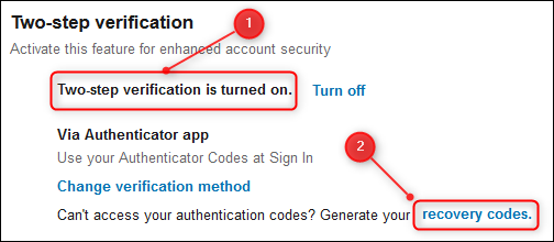 The Two-step verification settings, with recovery codes highlighted.