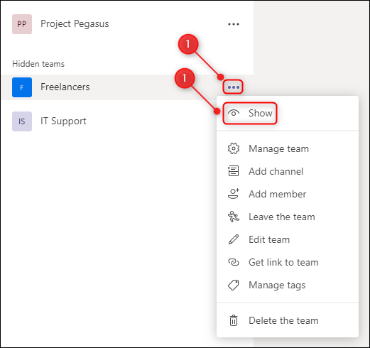 The Show option on the Team menu.